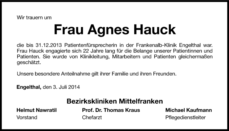  Traueranzeige für Agnes Hauck vom 03.07.2014 aus Pegnitz-Zeitung